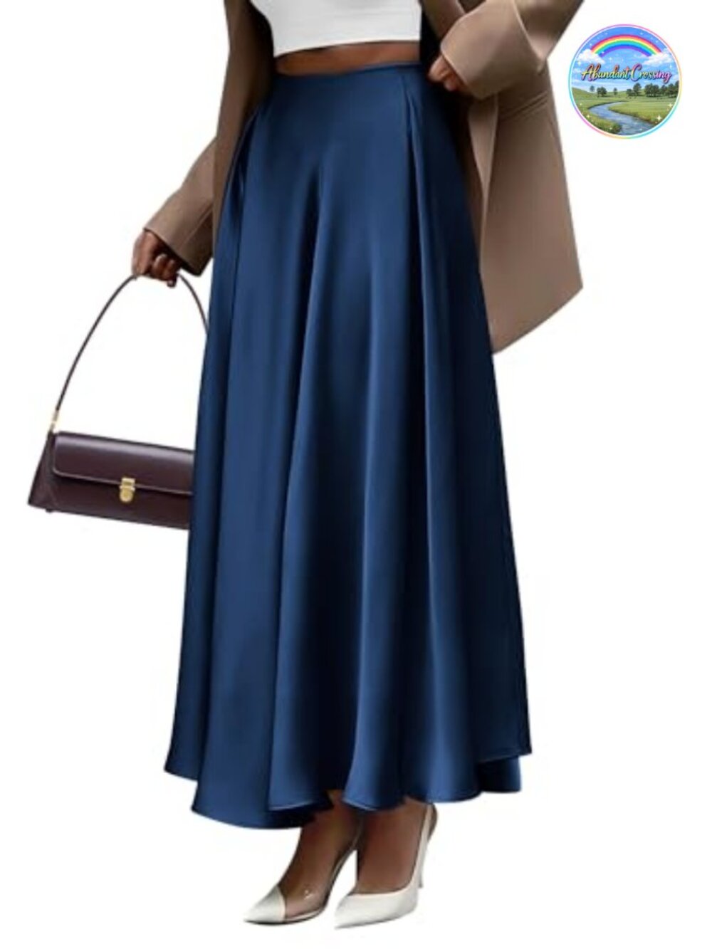Satin Maxi Skirt High Waisted A-Line Pleated Hem Flowy